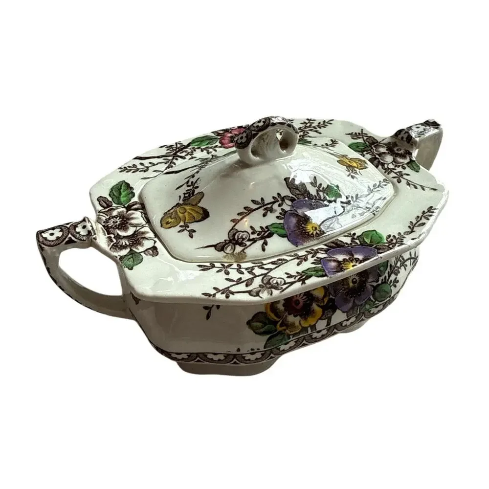 Vintage Alfred Meakin Medway Decor Covered Sugar Bowl England Floral Ironstone